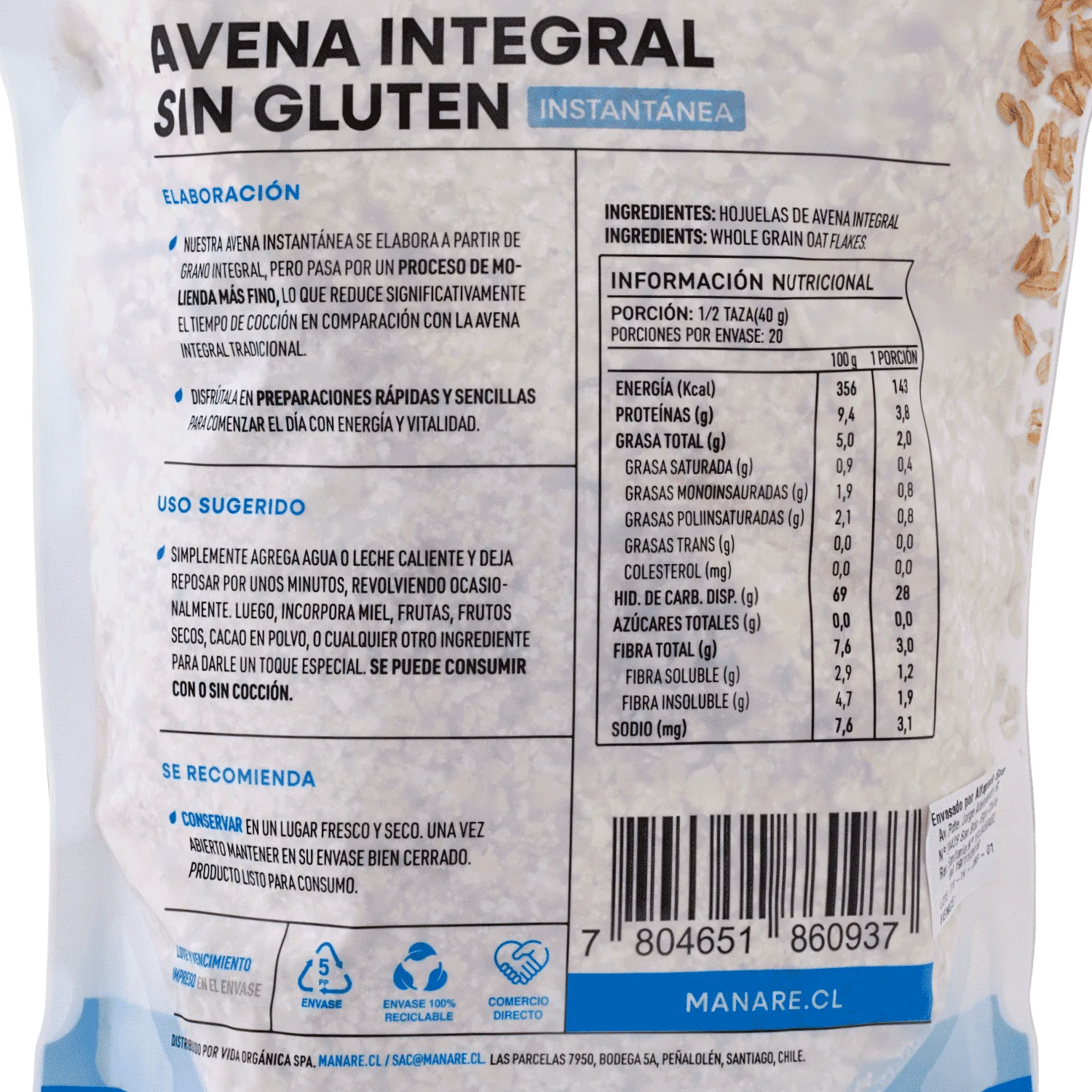 Avena Organica 800grs. Manare - Imagen 2